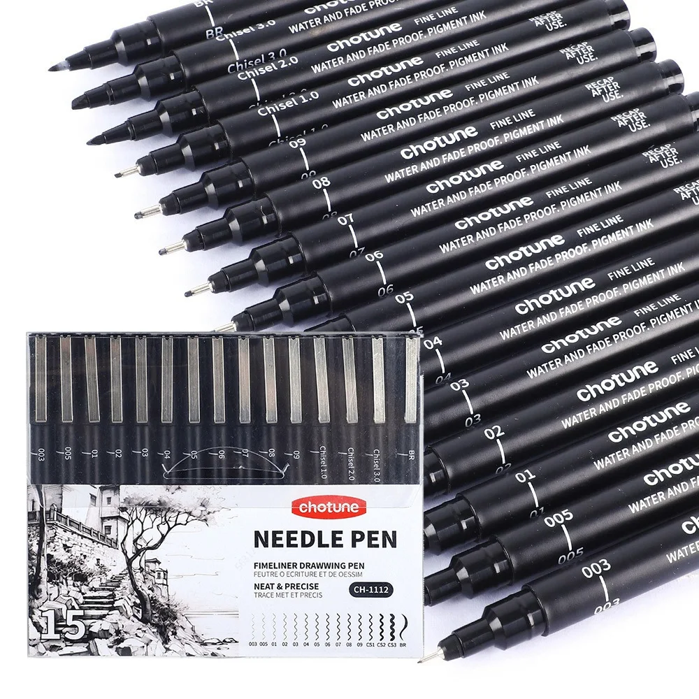Correction Pen Fine - Pena mikro hitam, 15 ukuran, tinta